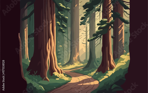 Vector illustration of a quiet walk through a redwood wilderness. Showcase towering redwoods, dappled sunlight filtering through the canopy, a tranquil forest path, and a sense of peaceful solitude