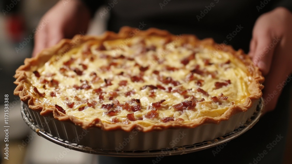 Classic French Quiche Lorraine with crispy crust, bacon, melted cheese, and creamy filling, garnished with fresh parsley. Classic French Quiche Lorraine with crispy crust, bacon, melted cheese, and creamy filling, garnished with fresh parsley.