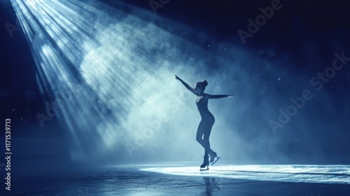 Graceful figure skater performing under a spotlight on an ice rink, surrounded by dramatic blue lighting and mist photo