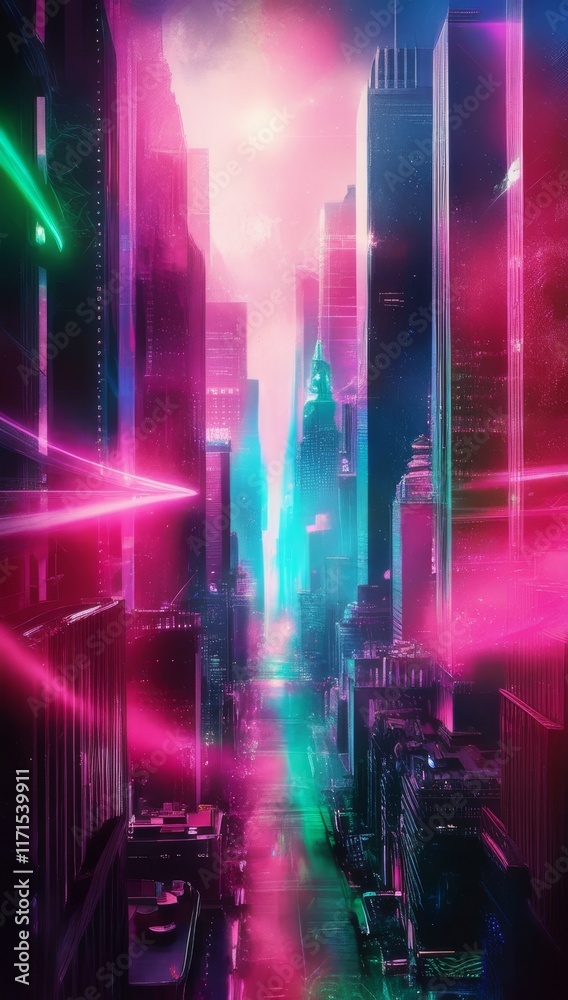 Fototapeta premium Abstract, futuristic city of concrete and neon. Night city view, illumination. Dark street, abstract scene, neon rays