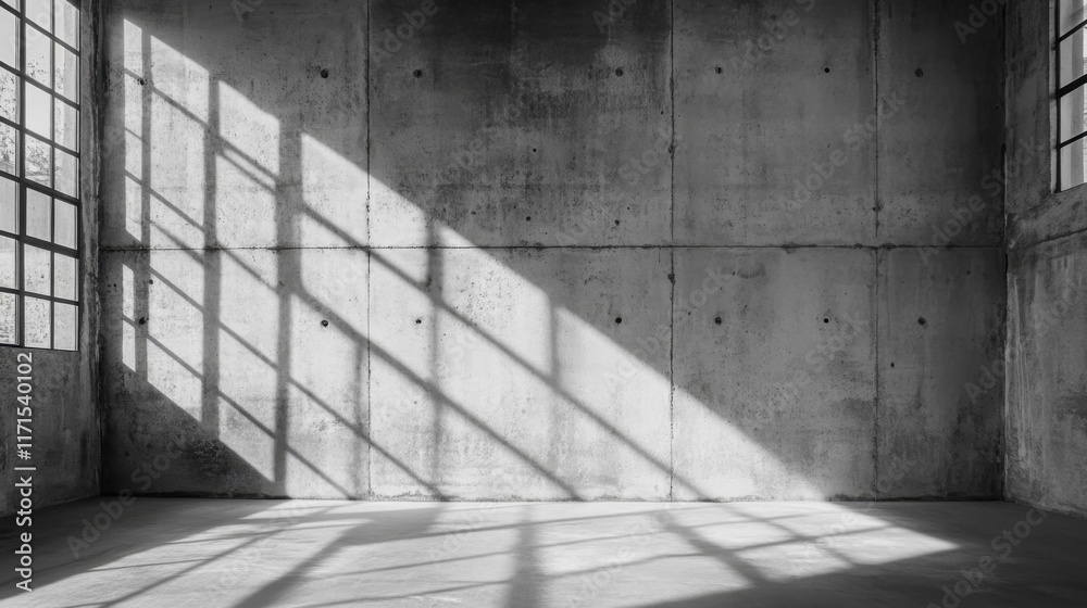 Fototapeta premium Minimalist industrial interior with concrete walls and geometric shadows from large windows