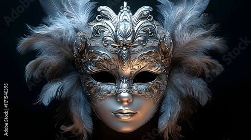 Versatile Silver Carnival Mask with Exquisite Feathers û A Captivating Design for Greeting Cards and Party Invitations photo