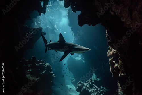 Shark patrolling the ocean floor, surrounded by the shadows of underwater caves and rock formations. photo