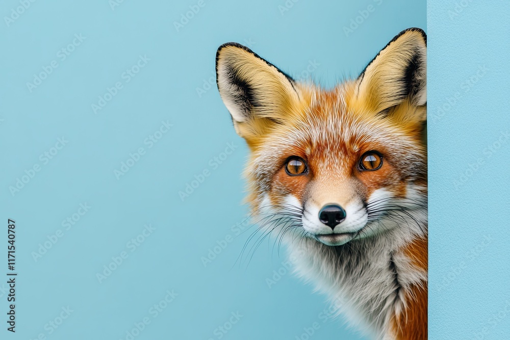Fototapeta premium a cautious fox peeks out from around the corner of a blue background with copy space. Close-up.