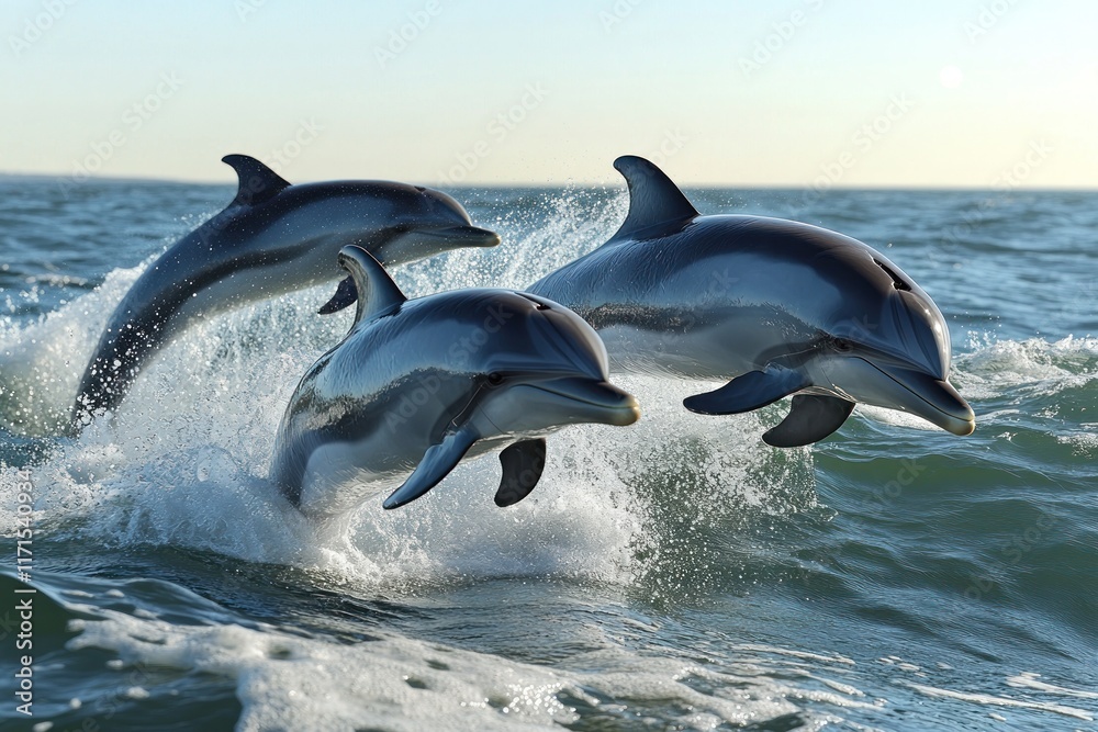 Fototapeta premium A pod of dolphins interacts playfully, leaping and diving in sparkling blue water under a bright sky