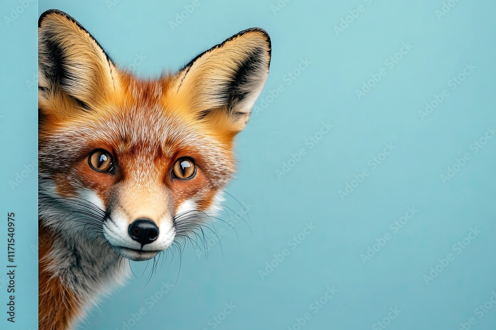 Fototapeta premium a cautious fox peeks out from around the corner of a blue background with copy space. Close-up.