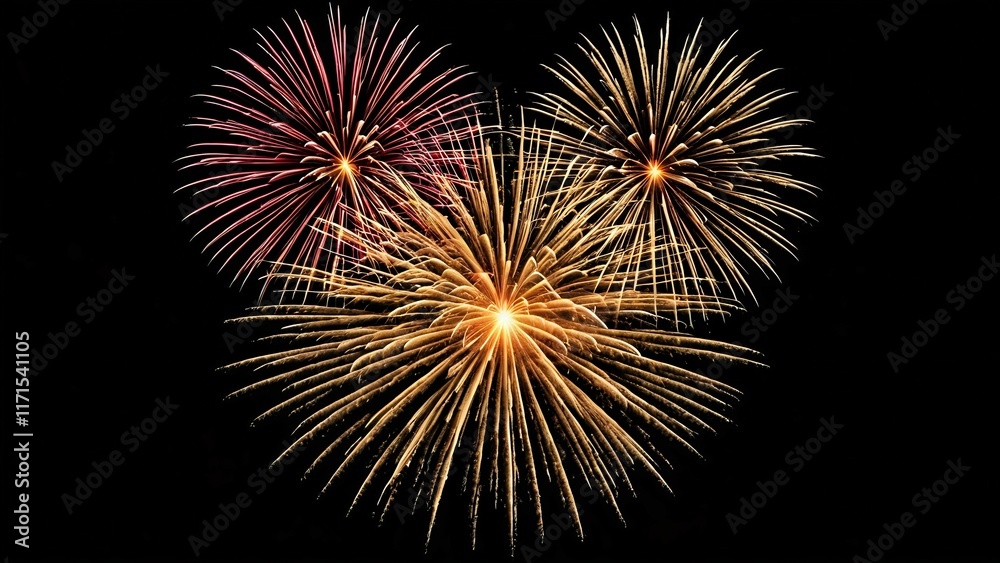 Stunning triple firework display exploding in the night sky, vibrant colors and dramatic light trails. Stunning triple firework display exploding in the night sky, vibrant colors and dramatic light trails.