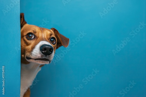 A dog peeks cautiously around the corner of a blue background with copy space. Close-up.