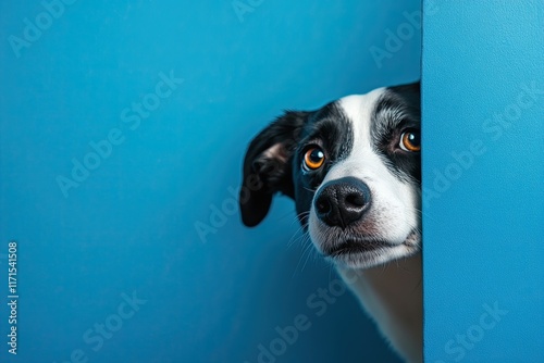 A dog peeks cautiously around the corner of a blue background with copy space. Close-up.
