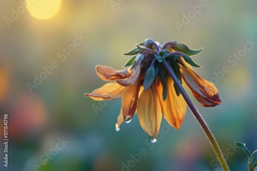 A drooping flower regains life as a single water droplet revitalizes its wilting petals, symbolizing hope and renewal