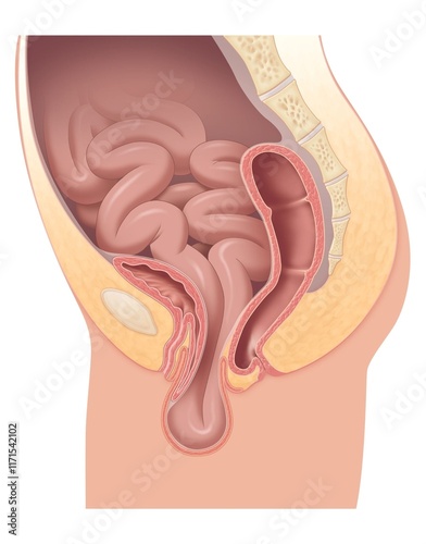 Tableau sur toile Illustration showing pelvic organs with intestinal prolapse in female anatomy (e