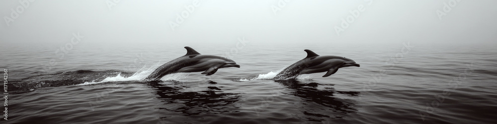 Fototapeta premium Two dolphins leap through the ocean under a gray, misty sky. Concept of marine life and freedom. For wildlife photo.