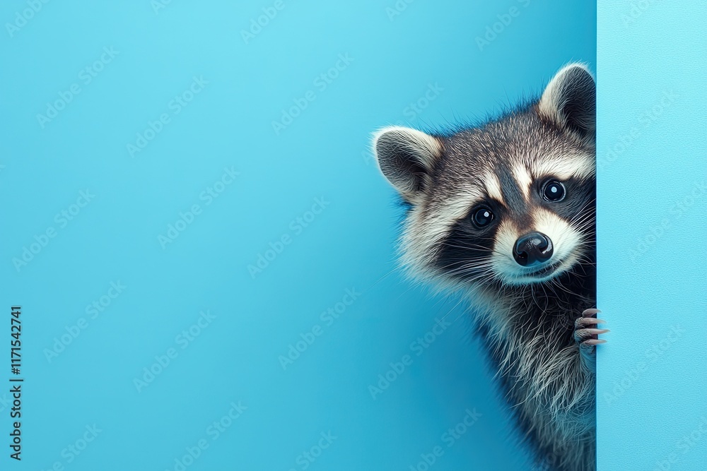 Obraz premium a raccoon cautiously peeks out from around the corner of a blue background with copy space. Close-up.
