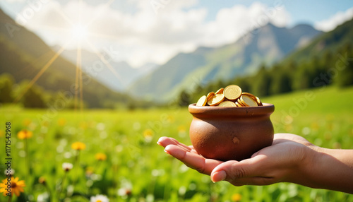Hand holding a pot of gold coins against a green landscape