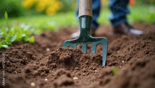 Garden fork breaking up the soil for planting in a vibrant garden photo