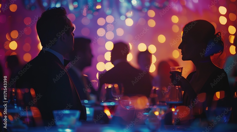 Silhouetted couple conversing at a vibrant party, surrounded by bokeh lights. Silhouetted couple conversing at a vibrant party, surrounded by bokeh lights.