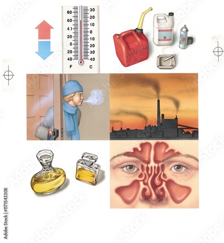 image depicting common causes of nonallergic rhinitis highlighting change in temperature, fumes, cold air, air pollutants, perfumes, and deviated septum photo