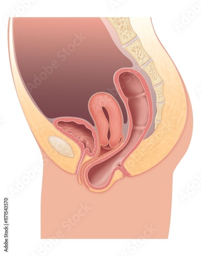 Illustration showing pelvic organs with rectal prolapse in female anatomy (rectocele prolapse)
