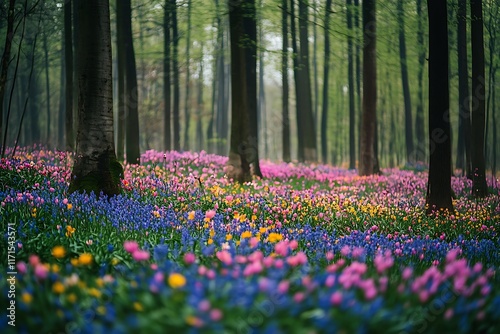 Beautiful spring forest with blooming tulips and blue hyacinths photo