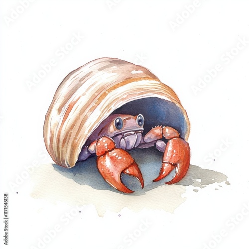 Watercolor crab in a shell coastal shoreline art illustration calm beach environment close-up perspective, isolated on white background photo