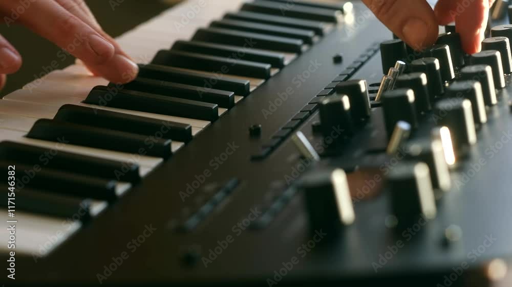 Musician play on analog synthesizer turn different knobs on console adjusting the optimal sound in music recording studio. DJ adjusts professional equipment performing in home. Audio technology.