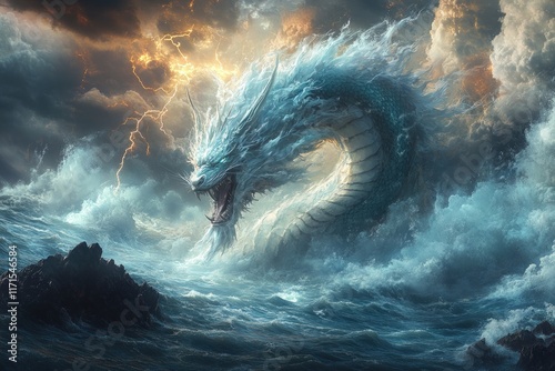 Stormy sea, raging dragon, lightning strikes.