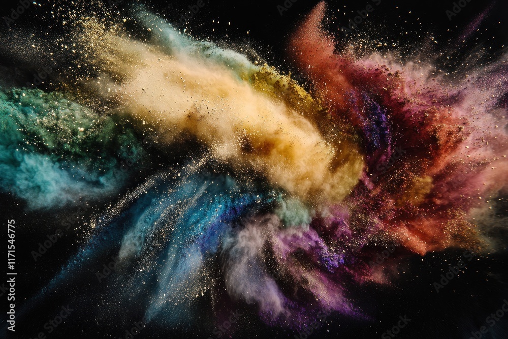 Fototapeta premium Vibrant powder particles swirl and explode against a black background, creating a lively display of color and texture