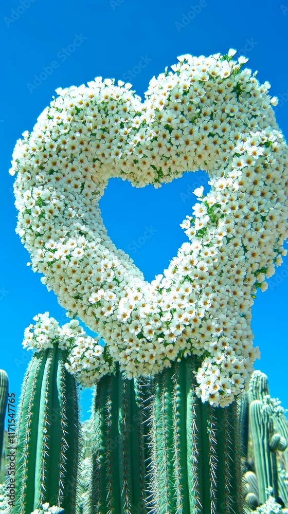 Heart-shaped cactus surrounded by blooming flowers in a vibrant desert landscape under a bright blue sky
