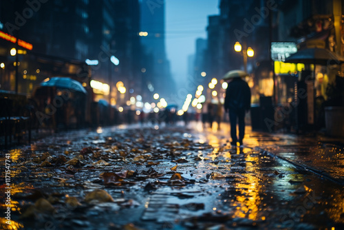 In ethereal realm of nocturnal cityscape, behold brooding and cinematic essence of a rain-soaked street, where luminescence of streetlights dances upon glistening pavement, conjuring an urban tableau  photo