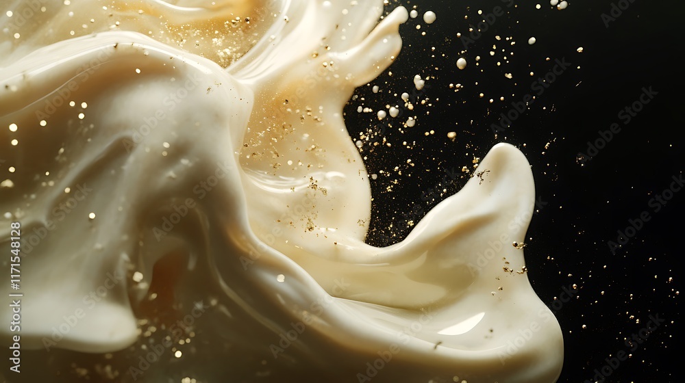 Obraz premium A surreal mix of milk and gold flowing into a female form highlighted on a dark black field