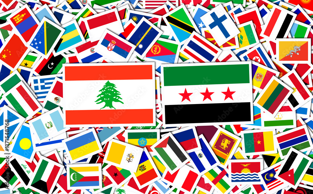 Fototapeta premium Syria Flag and Lebanon, Lebanese Republic, Flag of the Syrian Revolution - New Syrian Flag.