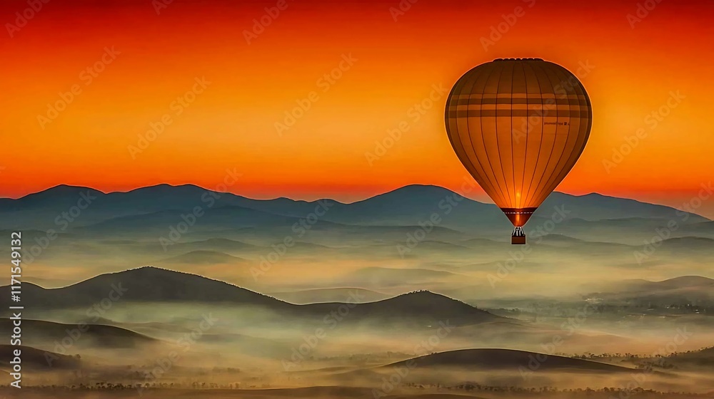 Obraz premium Hot air balloon soaring over misty mountains at sunrise.