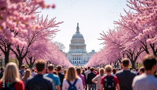 Crowds enjoy cherry blossoms along the National Mall during the National Cherry Blossom Festival in Washington D.C. photo