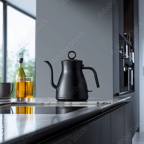 A sleek black electric kettle with a minimalist gooseneck spout and circular handle, sitting on a modern kitchen countertop.  photo