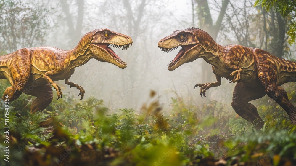 Two majestic dinosaurs face off in a misty forest scene. The atmosphere is tense and captivating. A glimpse into a prehistoric world. Generative AI. Two majestic dinosaurs face off in a misty forest scene. The atmosphere is tense and captivating. A glimpse into a prehistoric world. Generative AI.