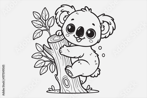 A simple and adorable cartoon of a baby koala climbing a tree. photo