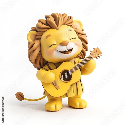 Cute lion cub playing a yellow guitar happily. photo