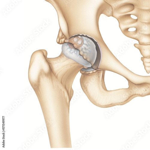 anatomical illustration depicting moderately severe osteoarthritis of the hip - showing osteophyte, cartilage erosion