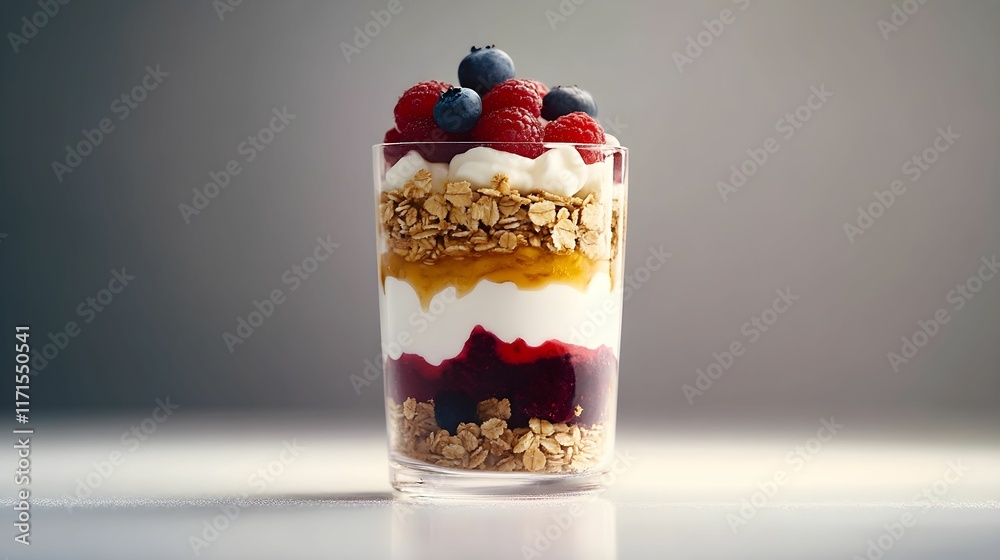 Delicious layered parfait with berries and granola in a clear glass cup on a neutral background