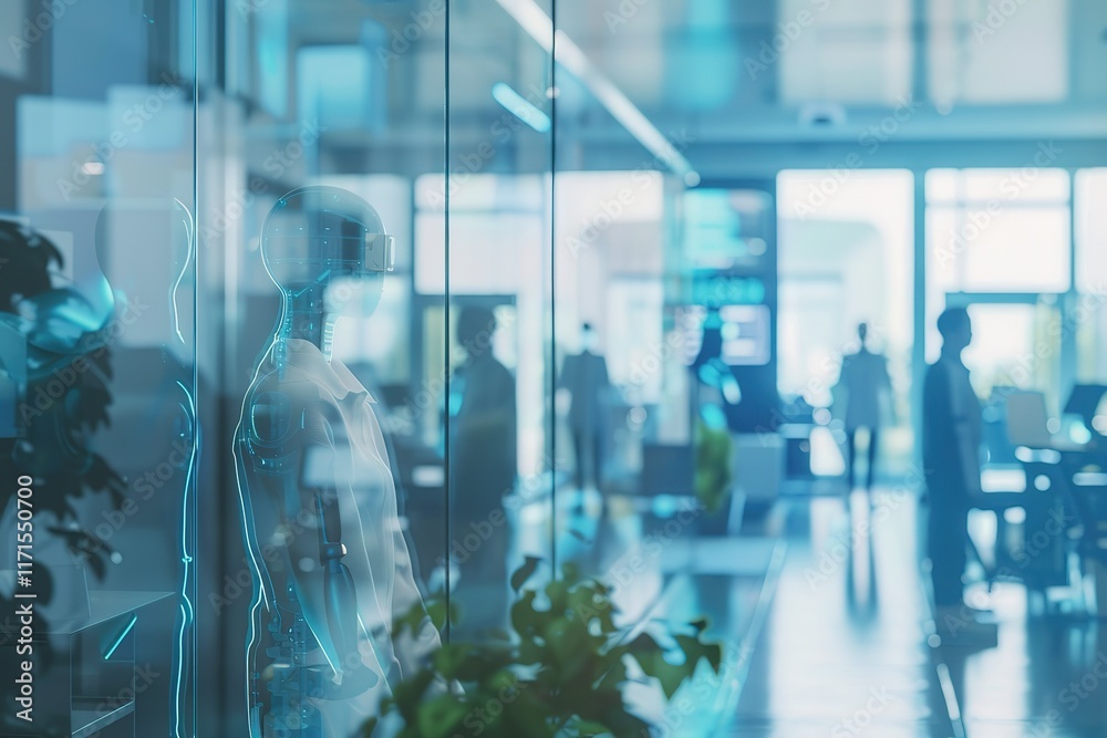 Futuristic robot in modern office setting. Advanced technology and innovation concept. Futuristic robot in modern office setting. Advanced technology and innovation concept.