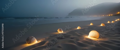 A beautiful view of a deserted sandy beach interrupted only by seashells photo