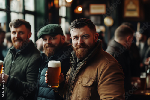 A group of friends gather in a bustling pub to celebrate Saint Patrick's Day. They raise their glasses filled with beer, sharing laughter and good times in a festive atmosphere.