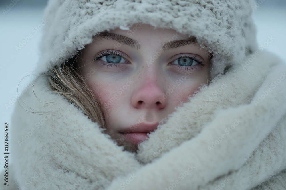 Young woman gazing with frozen breath in snowy landscape Young woman gazing with frozen breath in snowy landscape
