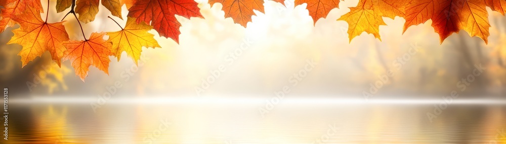 Capturing the essence of autumn, this image features vibrant orange and yellow leaves over a tranquil water surface, perfect for seasonal marketing, nature-themed projects, or decor, Capturing the essence of autumn, this image features vibrant orange and yellow leaves over a tranquil water surface, perfect for seasonal marketing, nature-themed projects, or decor,