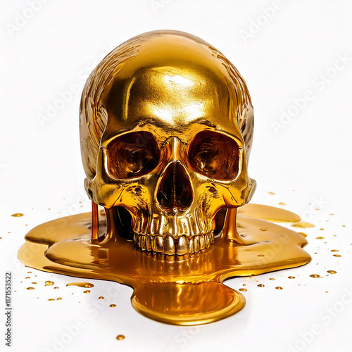 A human skull melting into a pool of gold