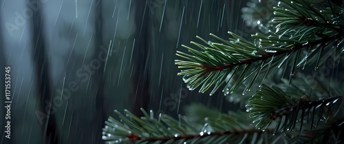 A closeup of pine needles glistening with moisture after rain