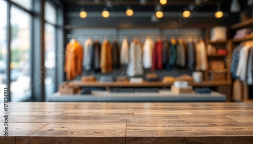 Empty counter in blurred background of a clothing store
