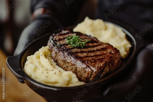 Grilled steak served with creamy mashed potatoes