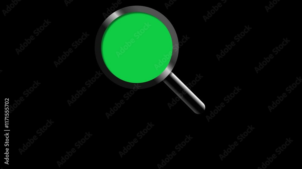 Animation of realistic magnifier over green chroma and white background. A magnifying glass is moving over a black screen for overlay.