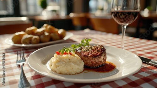 Gourmet Steak Dish with Mashed Potatoes and Wine